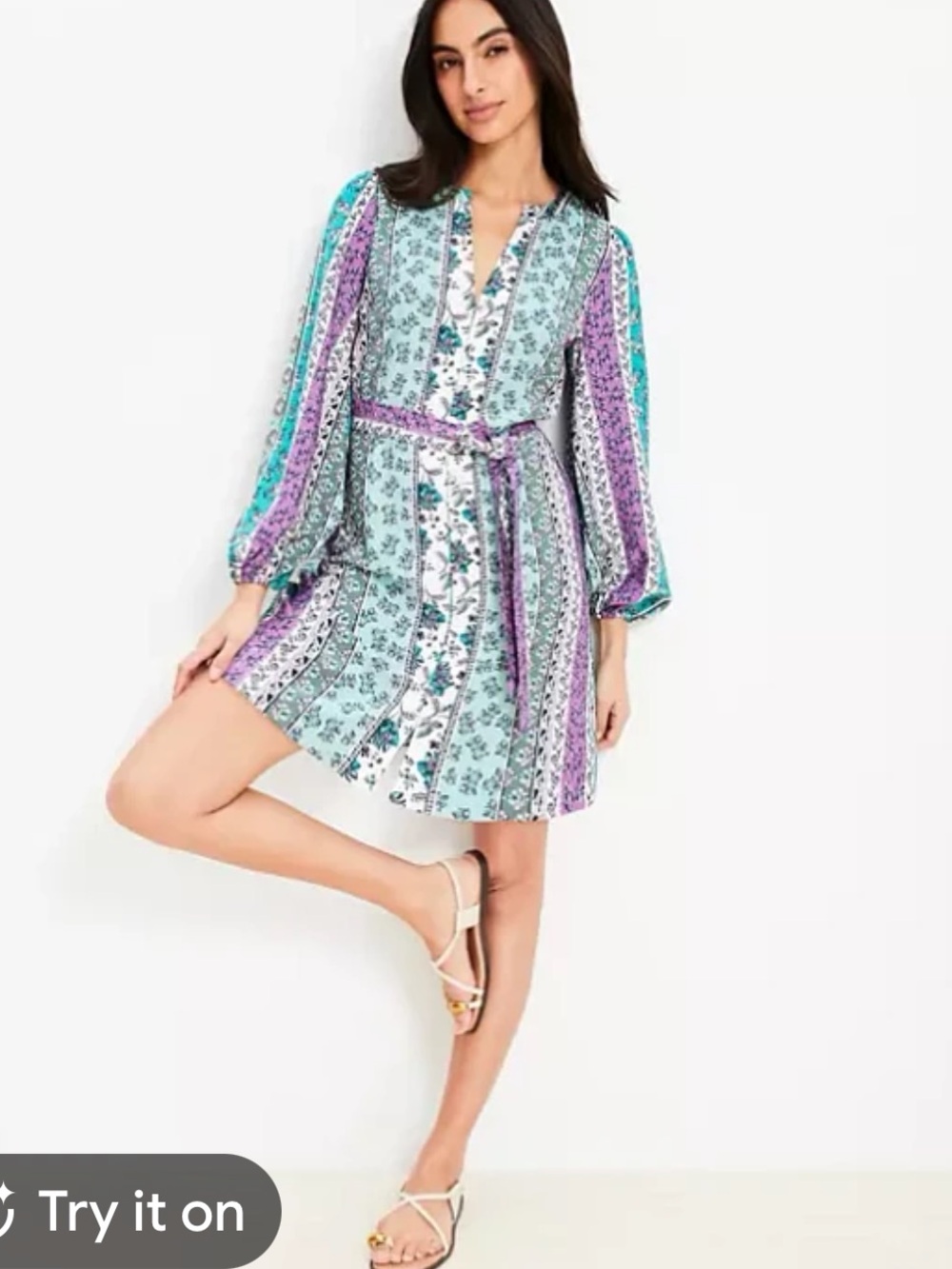 LOFT Cream Floral Button-Front Dress with Teal & Purple Accents Sz 2